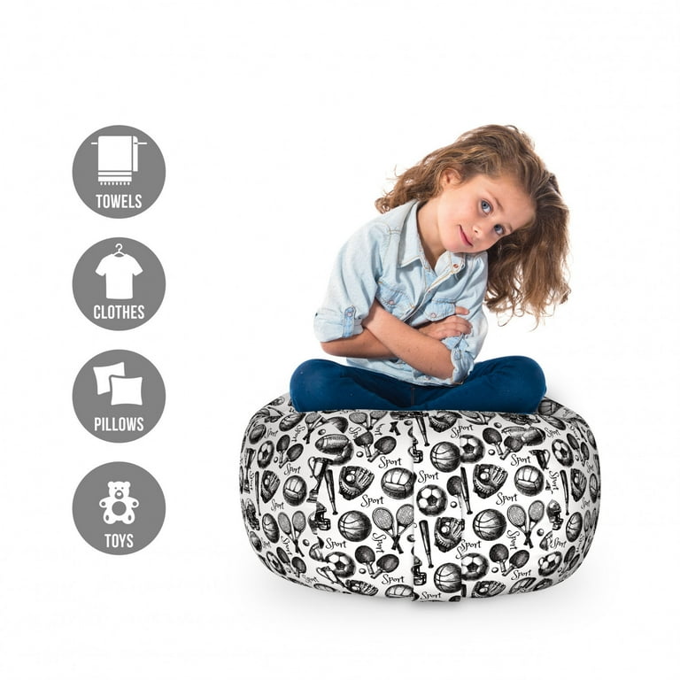 Sport Storage Toy Bag Chair Monochrome Trophy Baseball Glove Ping Pong Ball Sketch Style Bat Tournament Inspired Stuffed Animal Organizer Washable