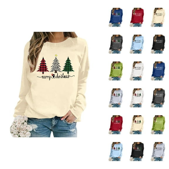 Merry Christmas Sweatshirts for Women 2025 Long Sleeve Crewneck Xmas Tree Graphic Sweatshirt Pullover Tops