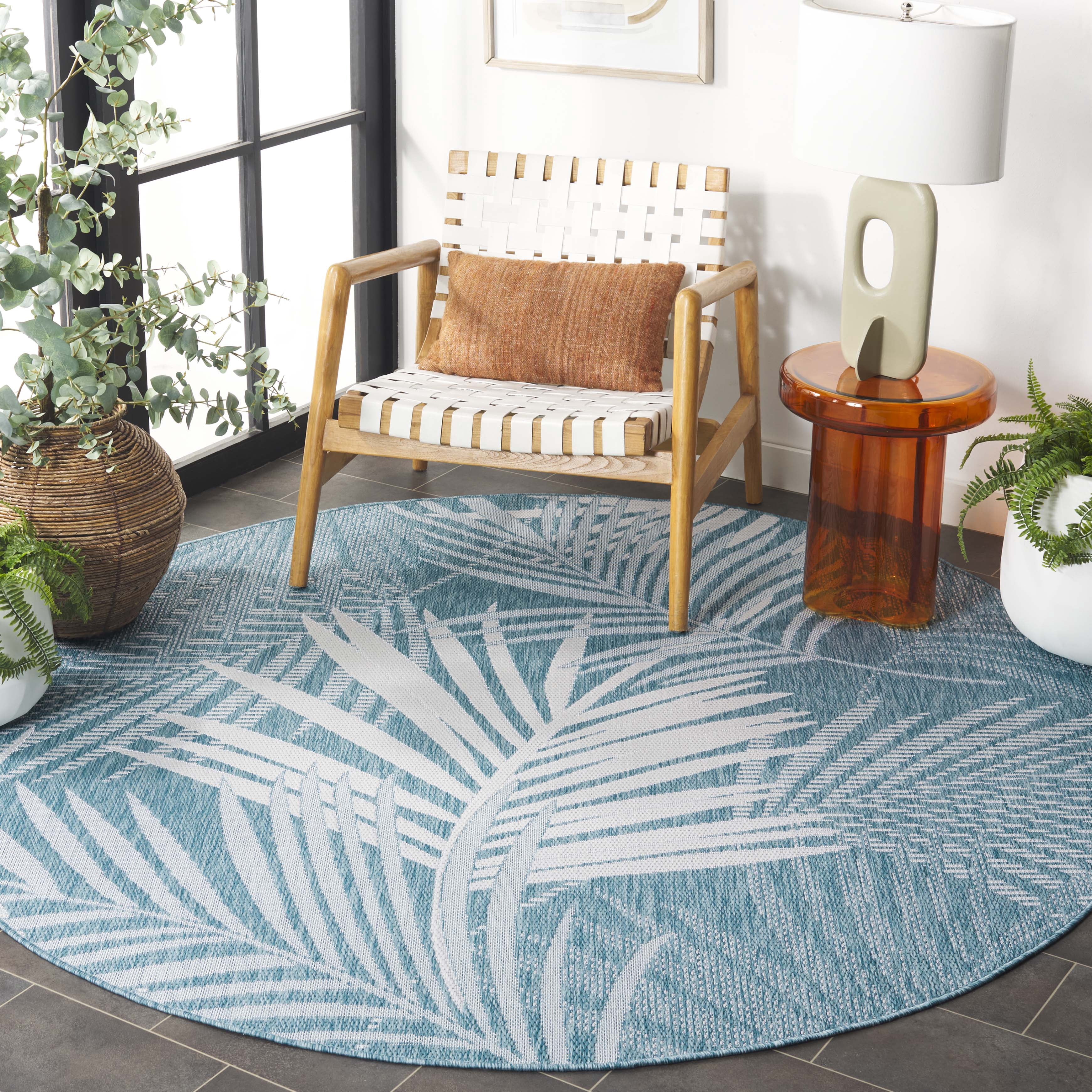 SAFAVIEH Beach House Declan Botanical Indoor/Outdoor Area Rug, Aqua/Ivory, 6'7" x 6'7" Round
