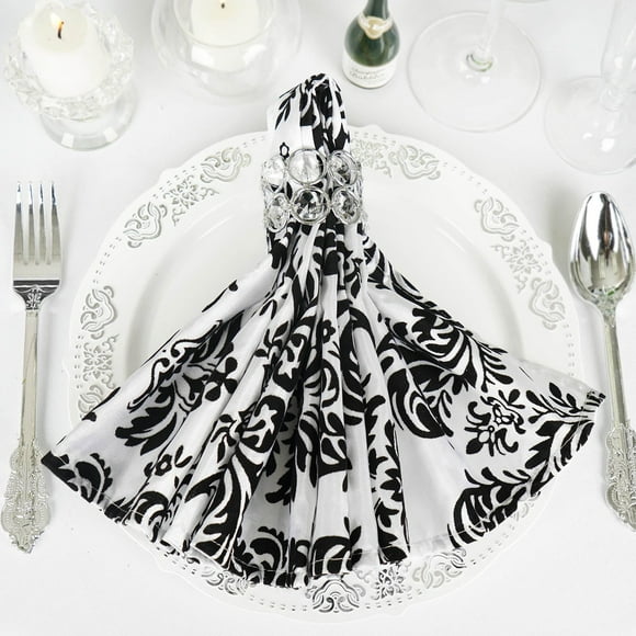 Efavormart 25 Pack | Black/White Damask Flocking Cloth Dinner Napkins, Reusable Linen | 20"x20''
