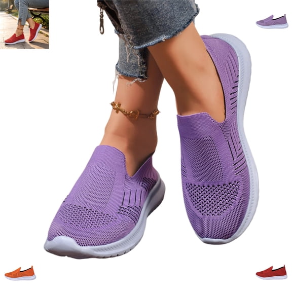 YOUYEDIAN Sneakers for Women Fashion Knit Mesh Breathable Casual Slip On Sport Soft Sneakers Versatile Flat Round Toe Walking Shoes