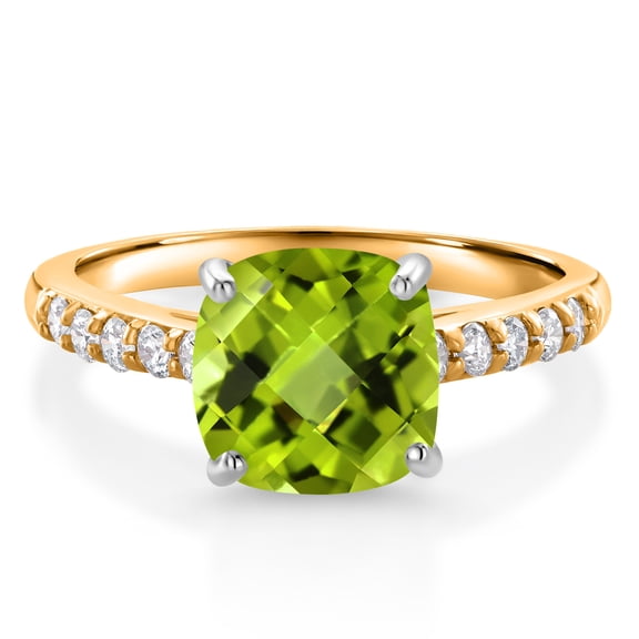 Gem Stone King 10K Yellow Gold Green Peridot and White Lab Grown Diamond Engagement Ring for Women (2.70 Cttw, Cushion Checkerboard 8MM, Gemstone August Birthstone, Size 9)