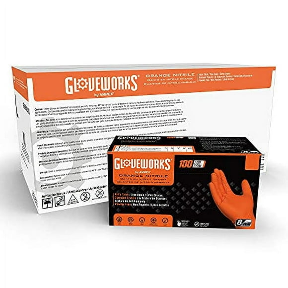 GLOVEWORKS HD Orange Nitrile Disposable Gloves 8 Mil Latex and Powder Free Industrial Food Safe Raised Diamond Texture Large Case of 1000