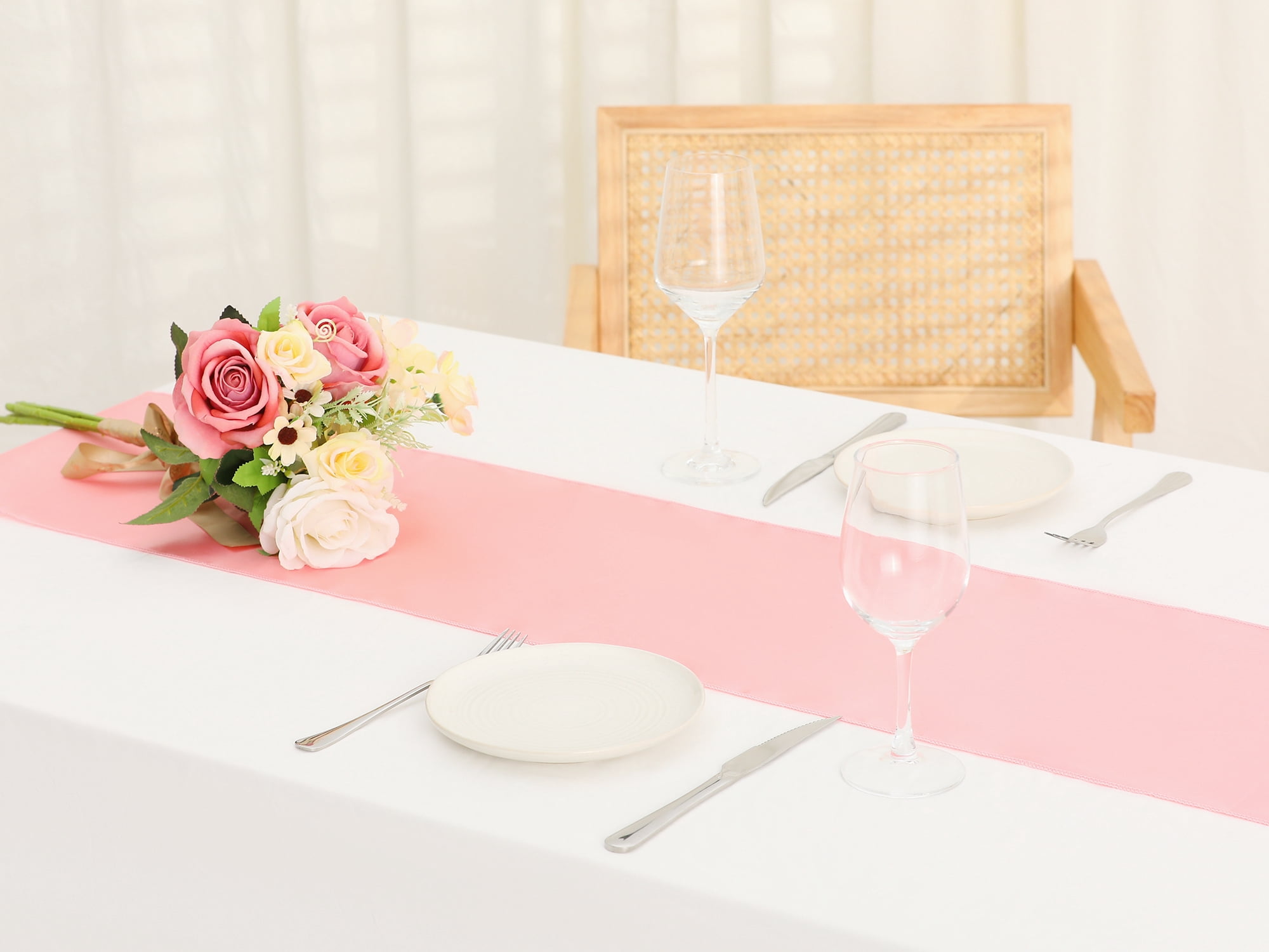 Unique Bargains Satin Silk Polyester Table Runners for Wedding Parties (10 Count) Pink 12"x108"