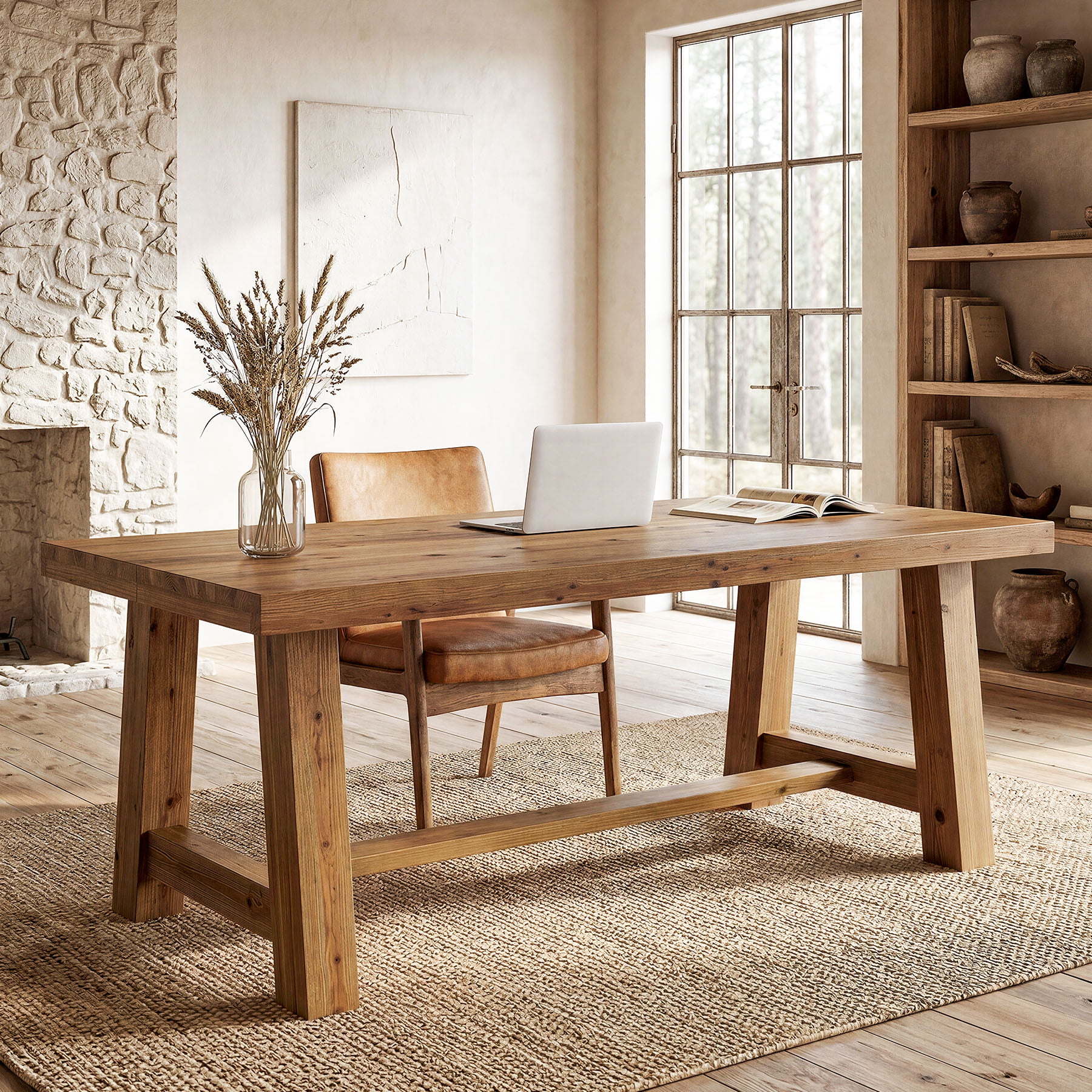 63" Solid Wood Computer Desk with Thick Work Surface, Home Office Writing Desk with Trestle Base, Large Study Table for Work, Gaming, or Office Use