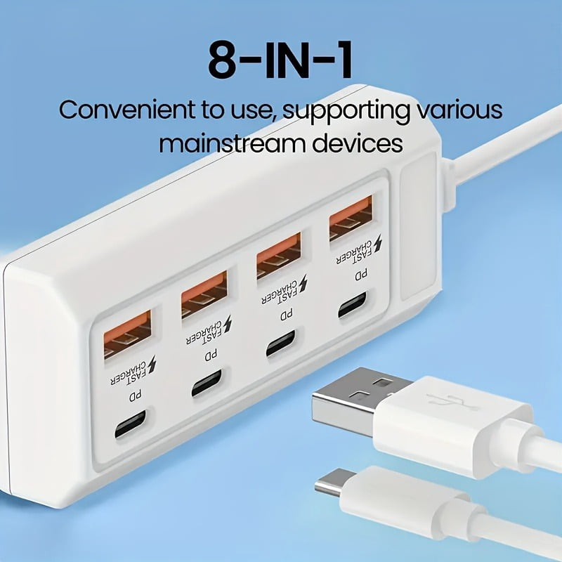 8-Port 60W Quick Charge Hub | PD 3.0 + QC3.0 USB Charging Station for Outdoor Use | Compatible with Iphone/Android/Ipad/Laptop/Portable Power Supply (ABS, No Battery Included)