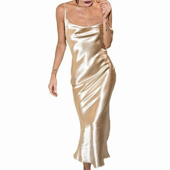 Women'S Spaghetti Strap Midi Satin Silk Dresses Slip Cowl Neck Party Cocktail Evening Dress Gold S