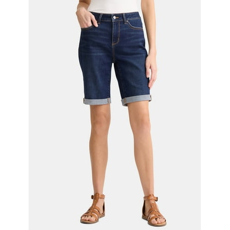 Time and Tru Women's Mid Rise Denim Bermuda, 10" Inseam, Sizes 2-20