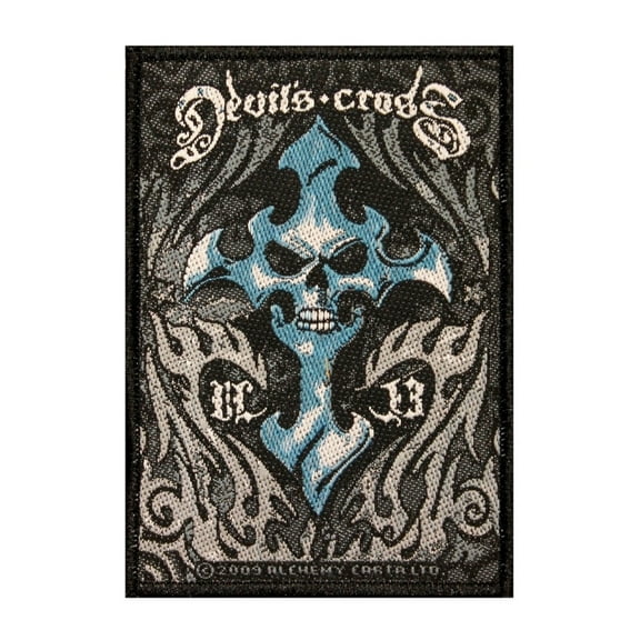 Devil's Cross Skull & Hell Flames Alchemy Carta Woven Sew On Applique Patch