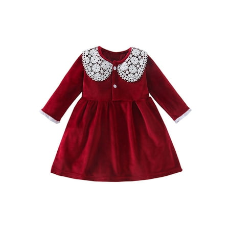 

Peyakidsaa Toddler Baby Girls A-line Dress Casual Lace Patchwork Long Sleeves Princess Party Dress