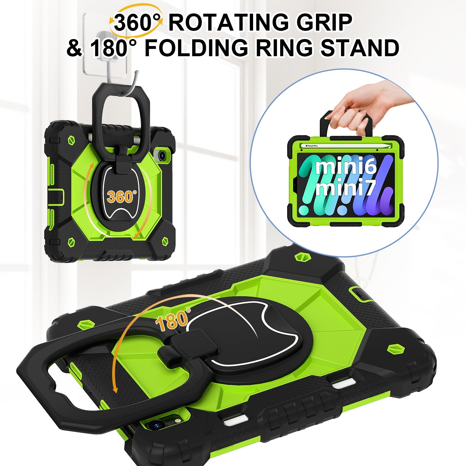 Dteck Case for iPad Mini 7 (A17 Pro) 2024/ Mini 6 8.3" with Screen Protector Soft TPU Film Pencil Holder 360 Rotating Hand Grip Stand,Drop-Proof Case for iPad Mini 7th/6th Generation 8.3",Black Green