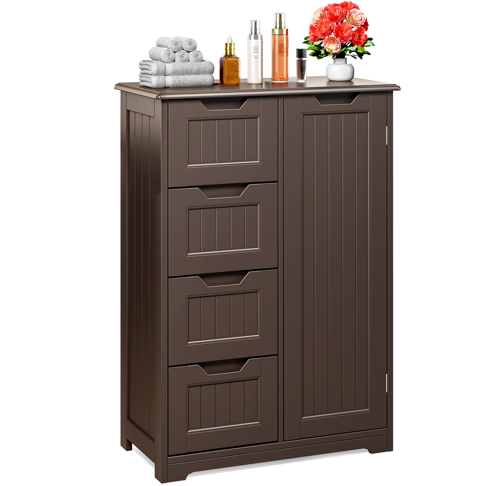Pantry Cabinet, Lofka 33" Small Kitchen Pantry Storage Cabinet with 1 Door, 2 Shelves, 4 Drawers, Dark Brown