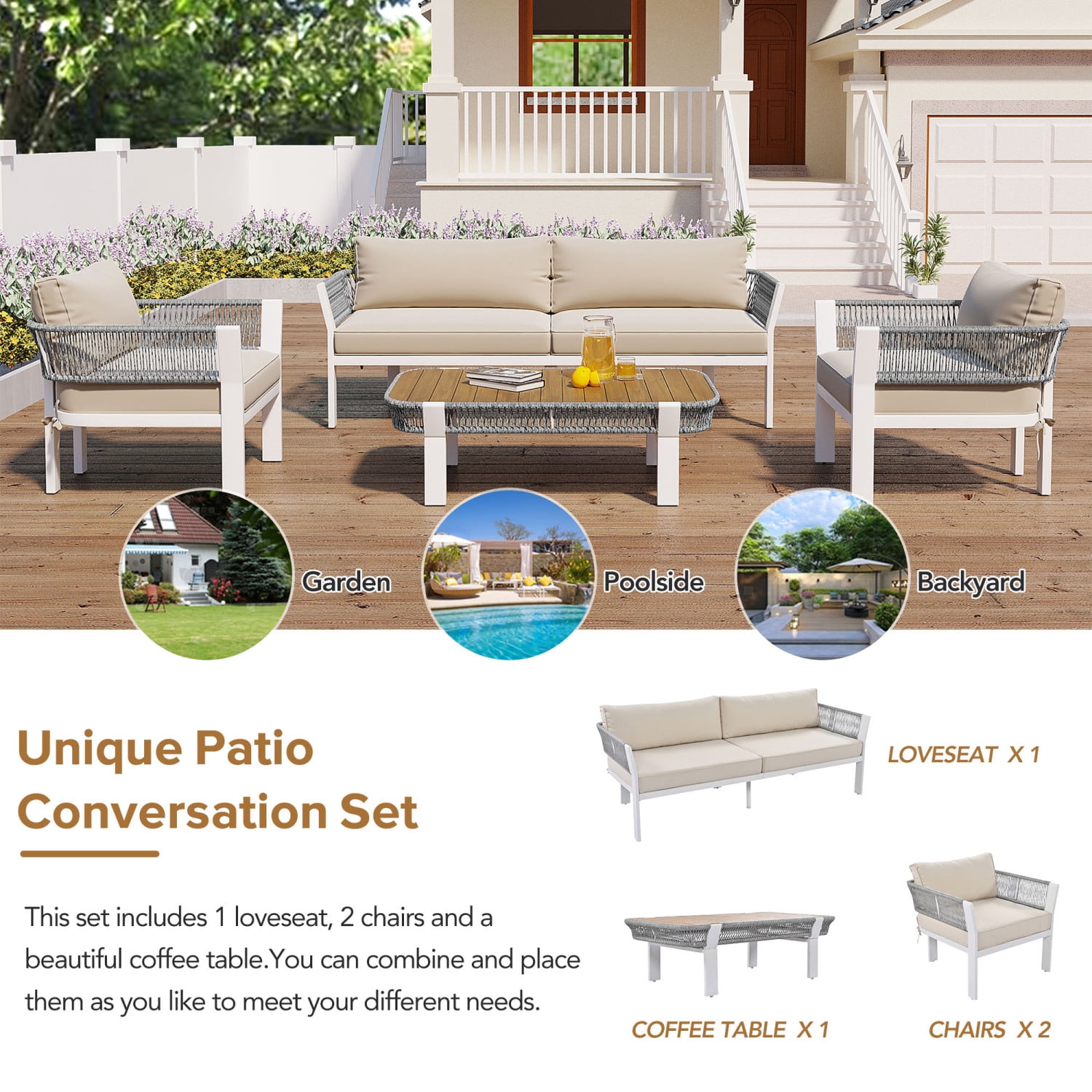 Harper & Bright Designs Outdoor Rope Furniture Set, 4 Piece Patio Conversation Set with Loveseat and 2 Chairs & Coffee Table for Backyard Porch Garden, Greyen Poolside and Backyard, Beige+Grey