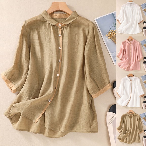 ZyeKqe Cotton Linen Shirts for Women Button down Dressy Summer Blouses Casual Loose Fitted Tee Shirts