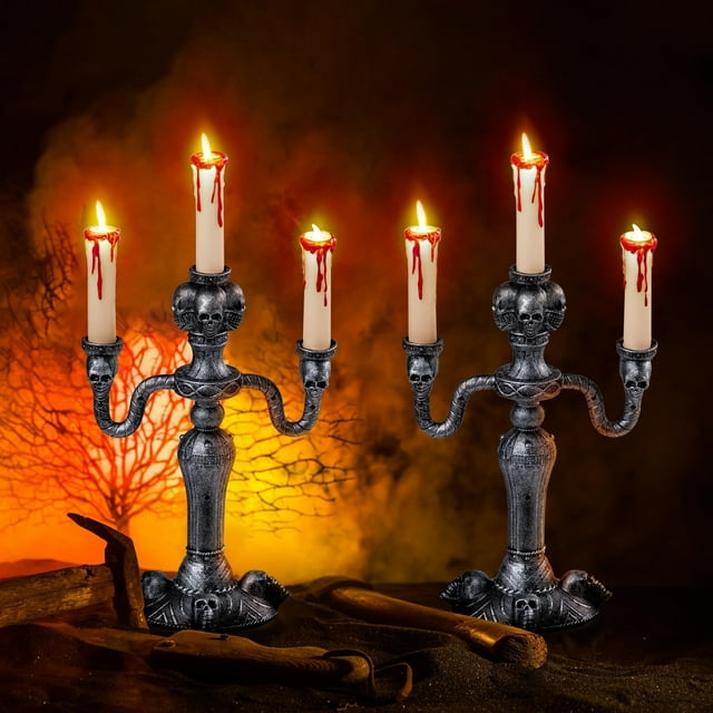 2 piezas de candelabros de calavera para decoración de Halloween, luces LED para interiores, sin llama, soporte para velas de casa embrujada aterradora, decoración para mesa, hogar, fiesta