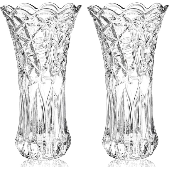 Set of 2 Glass Flower Vase, 9.5" Large Clear Flower Vases for Centerpieces, Modern Crystal Rose Vase, Heavy Duty Tall Cylinder Flared Vase with Heavy Base for Home, Living Room, Office