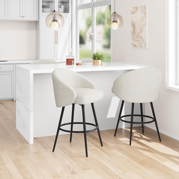 Set of 2 360° Silent Swivel White Counter Height Bar Stools with Backrest & Footrest - Linen Upholstered - Sturdy Black Metal Frame - Modern Kitchen Island & Dining Chairs - Color: White