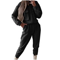 BXINGOHAI 2 Piece Sets for Women Front Pockets Long Sleeved Outfits Turndown Collar Tops and Elastic Waistband Pants Outdoor Streetwear Set Today Black,S