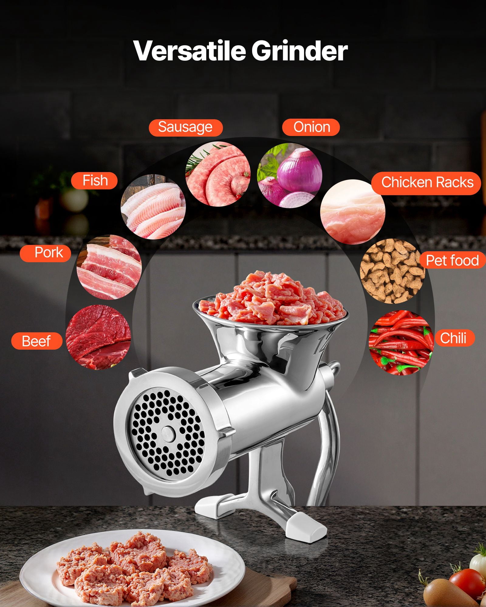 Manual Meat Grinder with Table Clamp, 304 Stainless Steel, 5mm/8mm Plates, Sausage Stuffer, for Home Kitchen Commercial Use