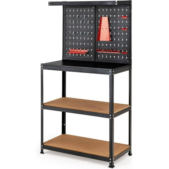 IRONMAX Workbench with Pegboard, 4 Shelves Workstation Organizer with 14 PCS Hanging Kits, Work Bench Table with Storage for Garage, Home, Workshop, Repair Shop