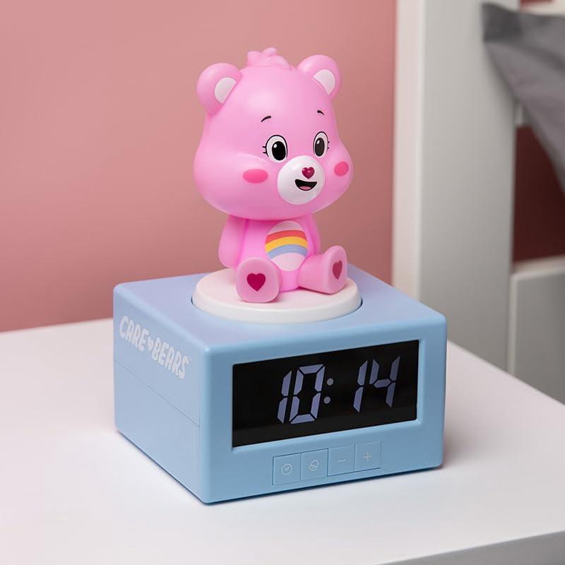 Care Bears Pink Cheer Bear Digital Alarm Clock with Night Light and Music, officially licensed bedroom decor for girls and women, battery-operated pop culture product | Paladone