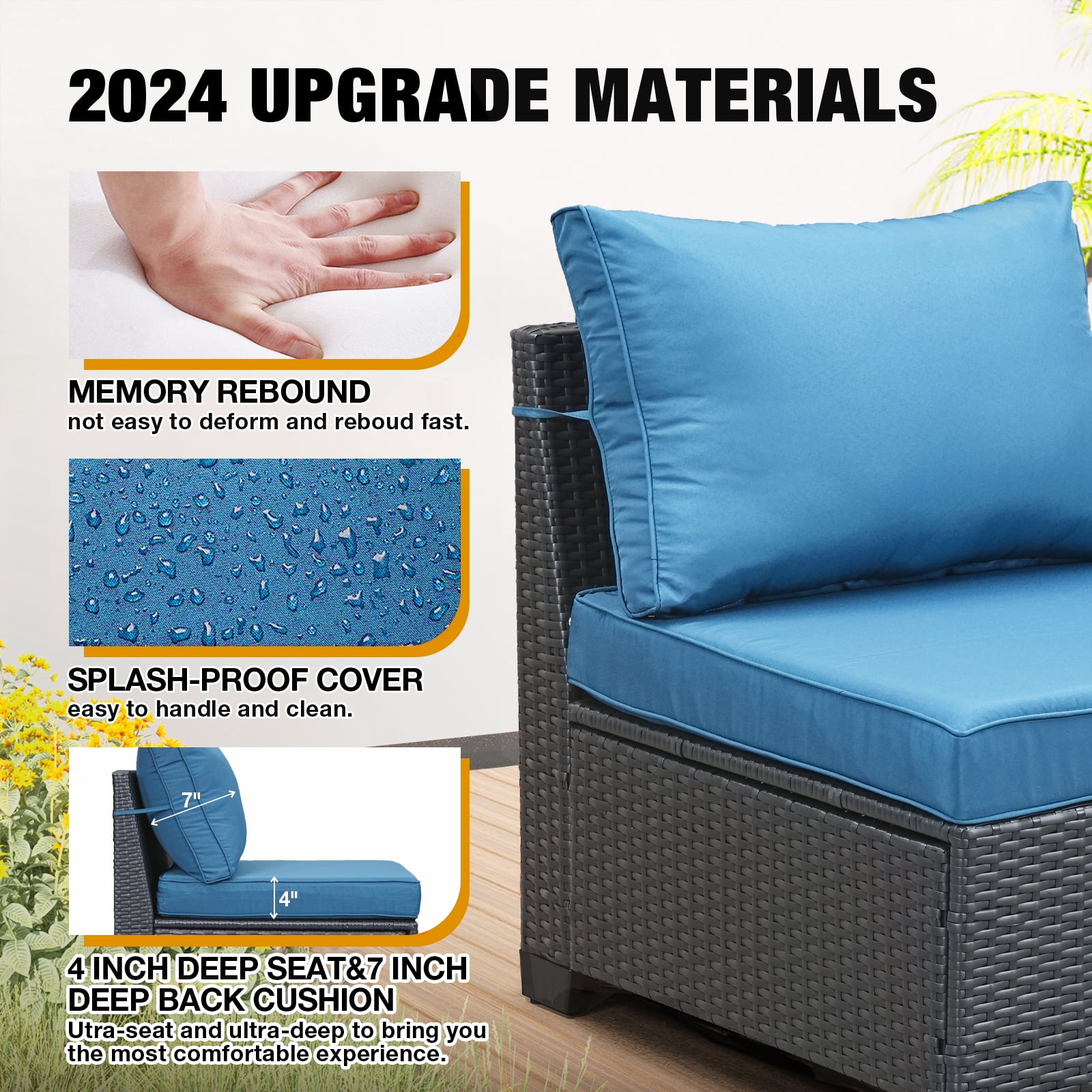 JOYURE 6 Pieces Patio Furniture set All-Weather Outdoor Wicker Sectional Conversation Sofa Rattan patio seating sofa with cushion and Glass Table and Ottoman for Porch Poolside,Peacock