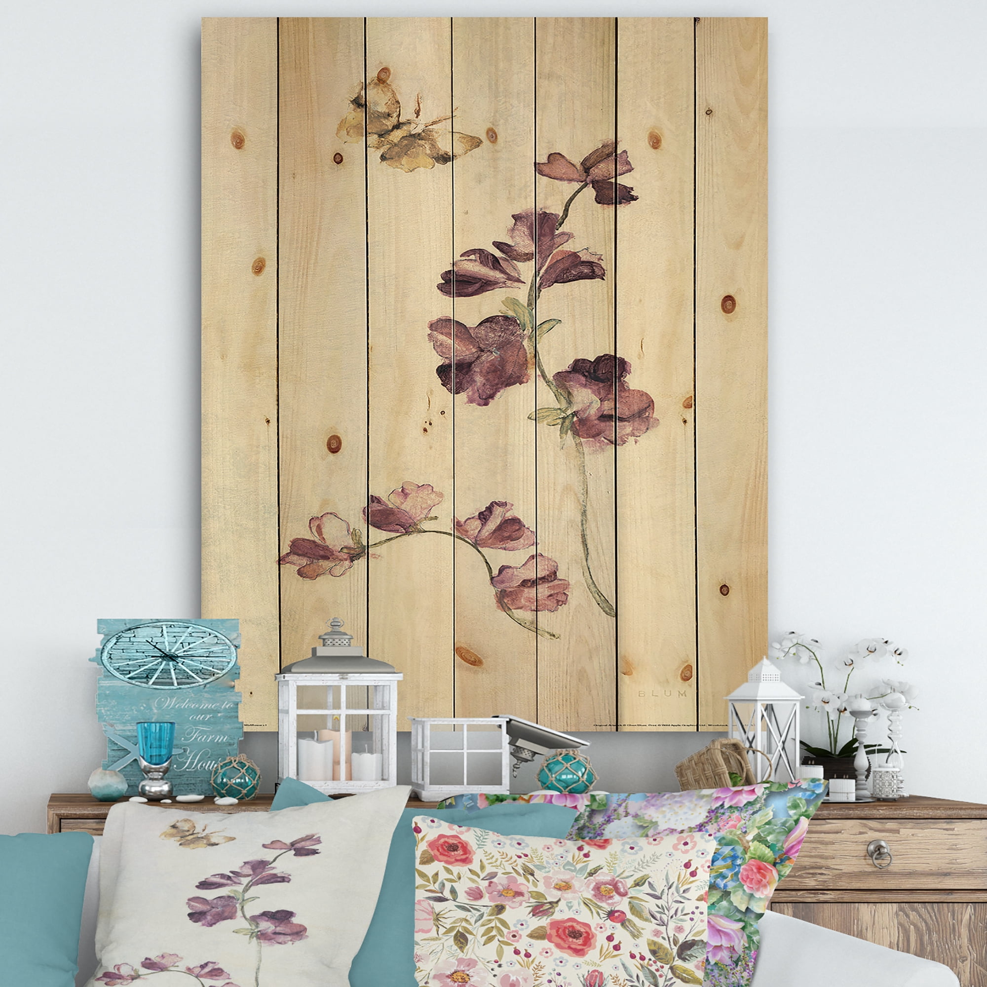 Designart 'Wild Simple Wallflowers IV' Farmhouse Print on Natural Pine Wood
