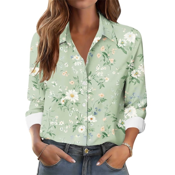 TaTaai Ladies Button Down Shirt Long Sleeve Notch Collar Floral Print Casual Top Breathable Cotton Loose Fit Blouse for Spring Gift