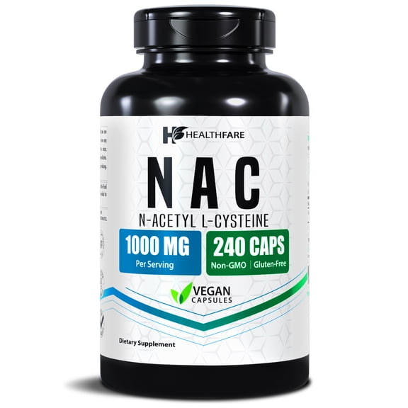 HealthFare NAC N-Acetyl L-Cysteine Supplement | 1000mg High Potency | 240 Vegan Capsules | Respiratory & Antioxidant Support, Cellular Energy & Liver Support | Non-GMO, Gluten-Free, Made in USA