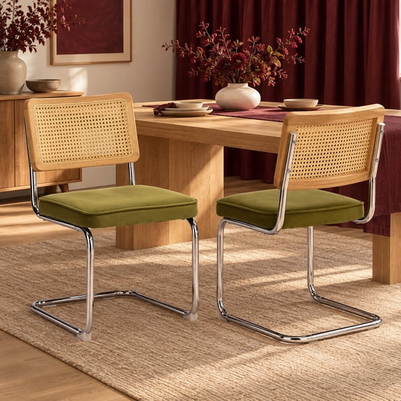 Olive Green Velvet Modern Rattan Dining Chairs Set of 2, Cane Back, Dinning Chairs, Sillas de Comedor, Upholstered Mid Century Modern Dining Room Chair, Chrome Metal Kitchen Chair