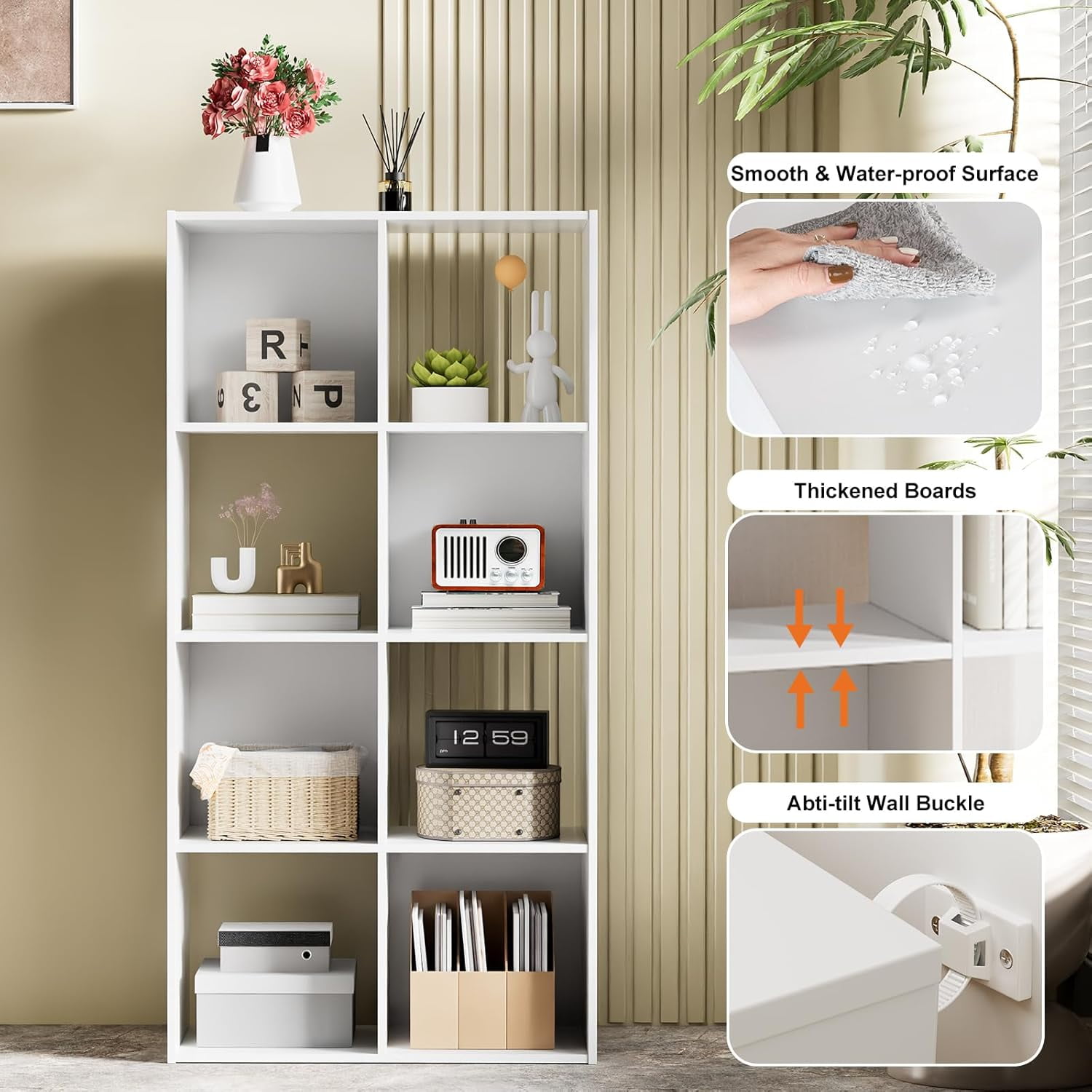Cube Bookshelf White, 8 Cube Storage Organizer Bookcase, Display Bookcase, TV Stand, for Living Room, Home Office, Bedroom