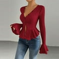 thumbnail image 2 of DAFPZW Womens Bell Sleeve Peplum Sweaters Fashion Fall V-Neck Button Down Elegant Ruffle Hem Sexy Slim Knit Tops Clothes, 2 of 6