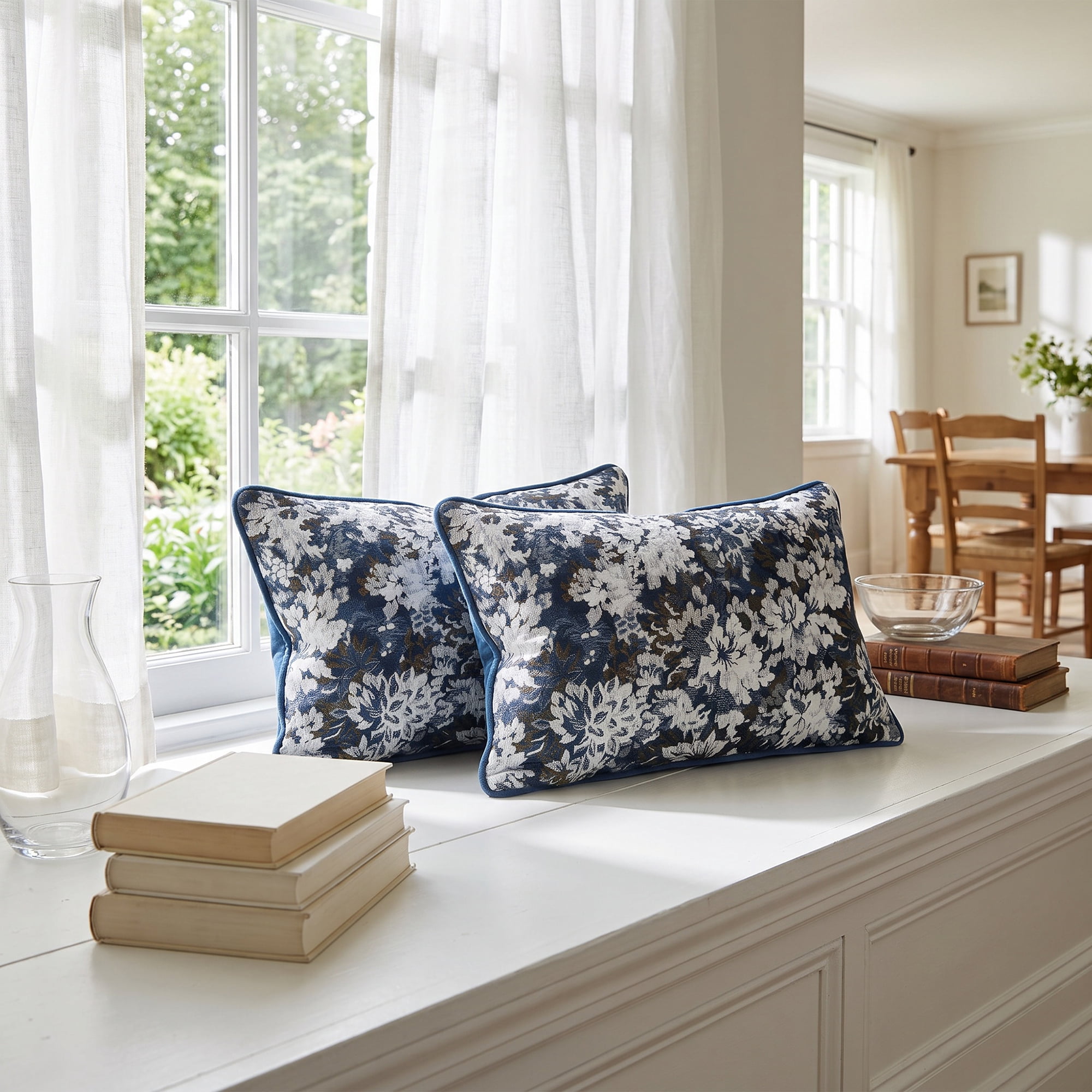 Unique Bargains Floral Throw Pillow Cover with Piped Edge Decor Cushion Case Blue 20"x12"