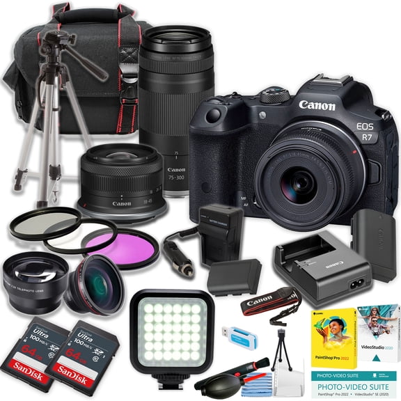 Canon EOS R7 Mirrorless Camera w/18-45mm and RF 75-300mm Lens   2pc SanDisk 64GB Ultra Memory Card   LED Light   Tripod   More (21pc Bundle) (International Version)