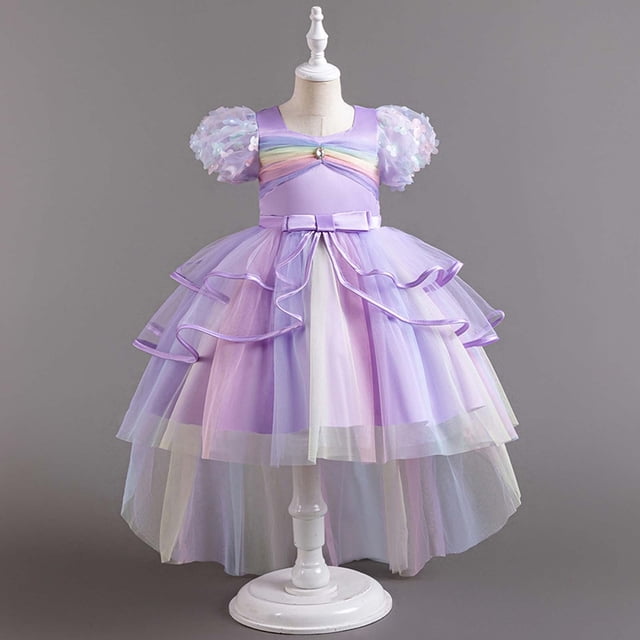 Zpanxa Robes pour Filles Robe Princesse en Tulle Arc-en-Ciel à Manches Courtes d'Été Décontractée en Polyester avec Nœud Violet 8-9 Ans