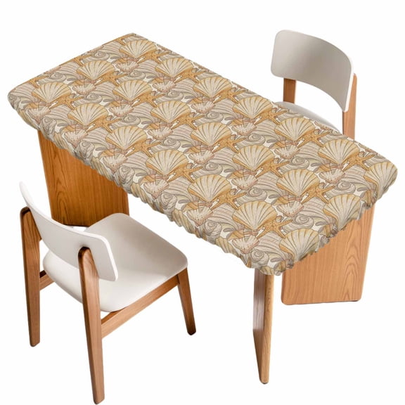 Orange Shell Coastal Table Cloths for 6 Foot Rectangle Tables, Vintage Ocean Starfish Seaside Patio Waterproof Elastic Fitted Tablecloths, Washable Rectangular Table Cover for Camping