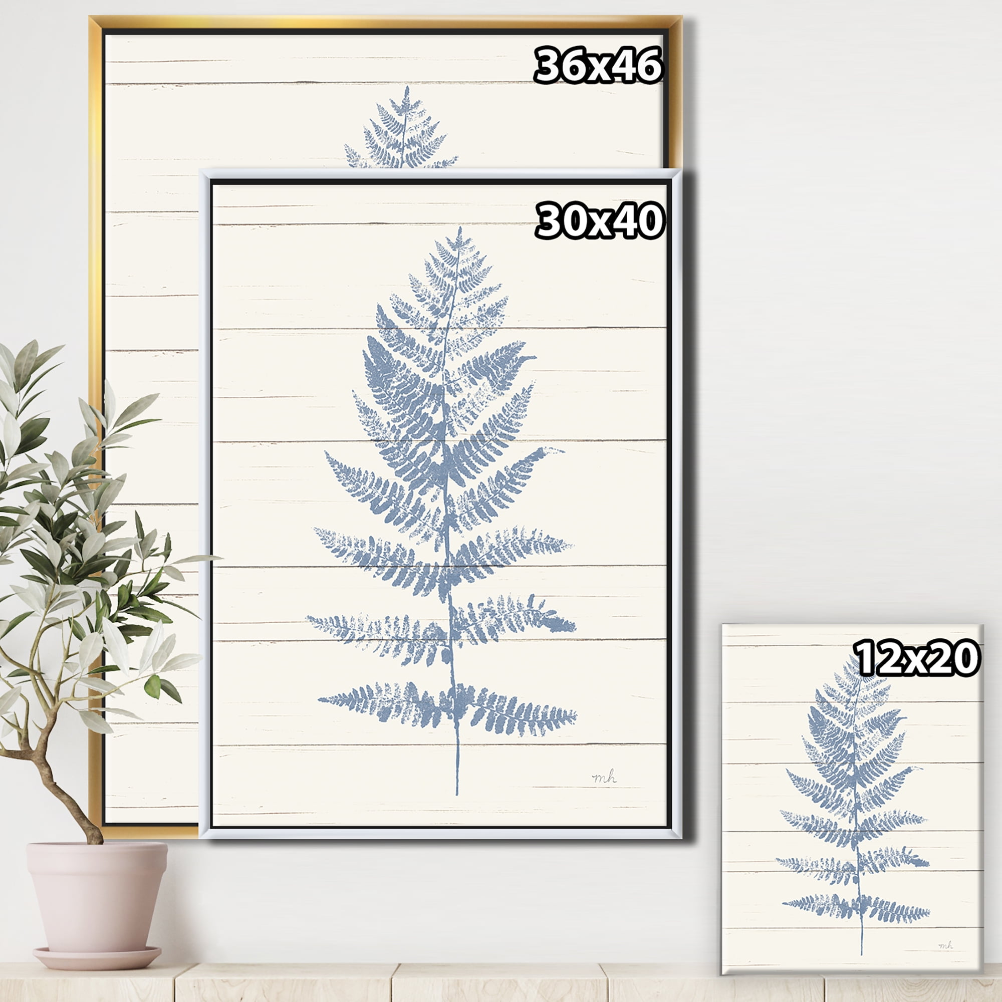 Designart ' Blue Fern Print on wood II ' cabin & Lodge Framed Canvas