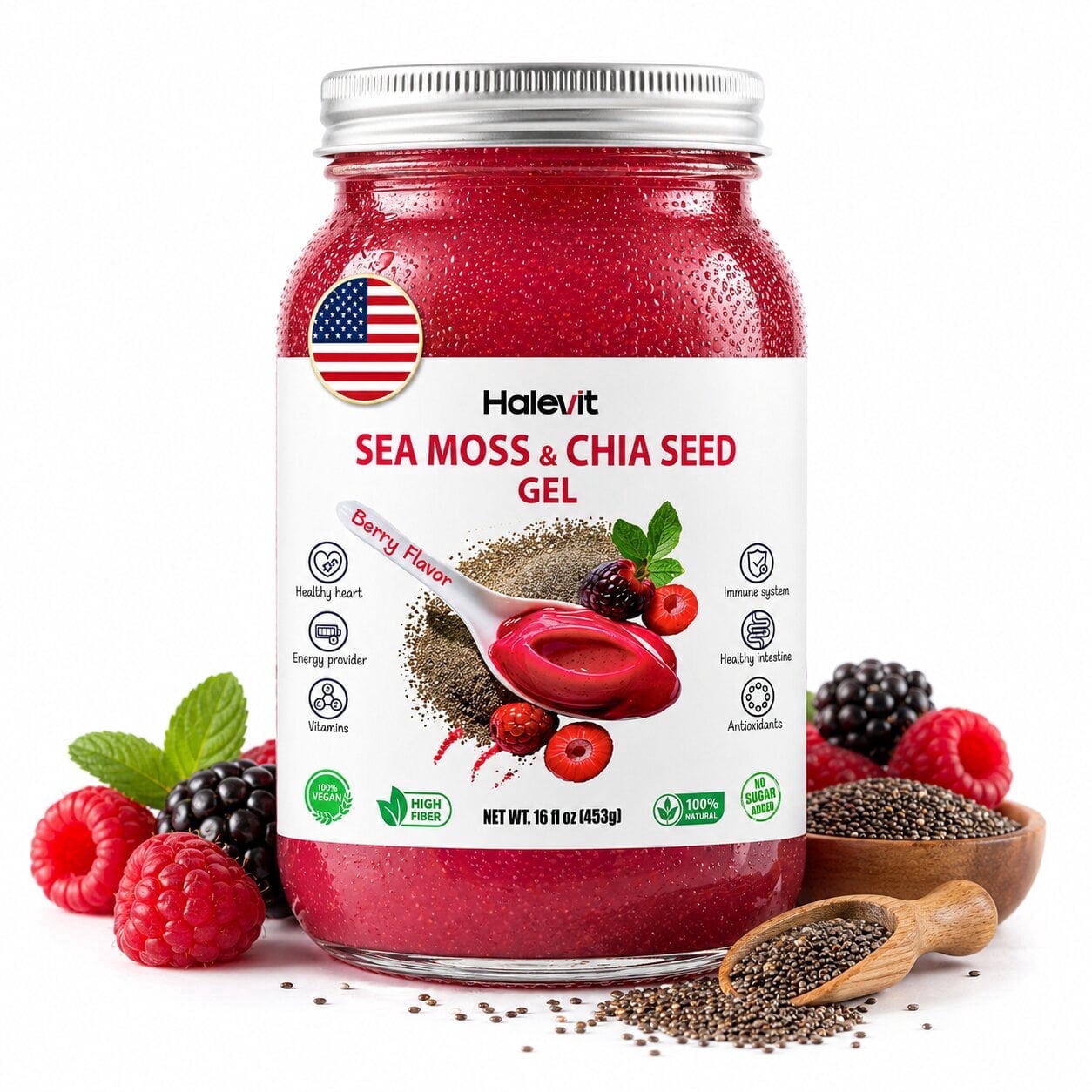 Halevit Wildcrafted Irish Sea Moss Gel, Raw Sea Moss Supplement with Chia Seeds, 16 Oz, Berry Flavor