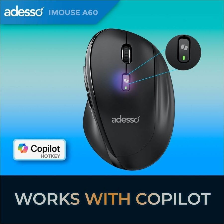 Adesso iMouse A60 Ergonomic Wireless Vertical Mouse, Bluetooth and 2.4GHz Dual Mode with USB-A Receiver, Copilot AI Hotkey, 3 Level DPI 1000/1600/2400, 6 Buttons, Right Hand for Windows