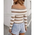 thumbnail image 4 of CHICME Striped Sweaters for Women Off Shoulder Long Sleeve Knit Sweater Soft Stretchy Slim Fit Pullover Khaki-S Party Tops, 4 of 9