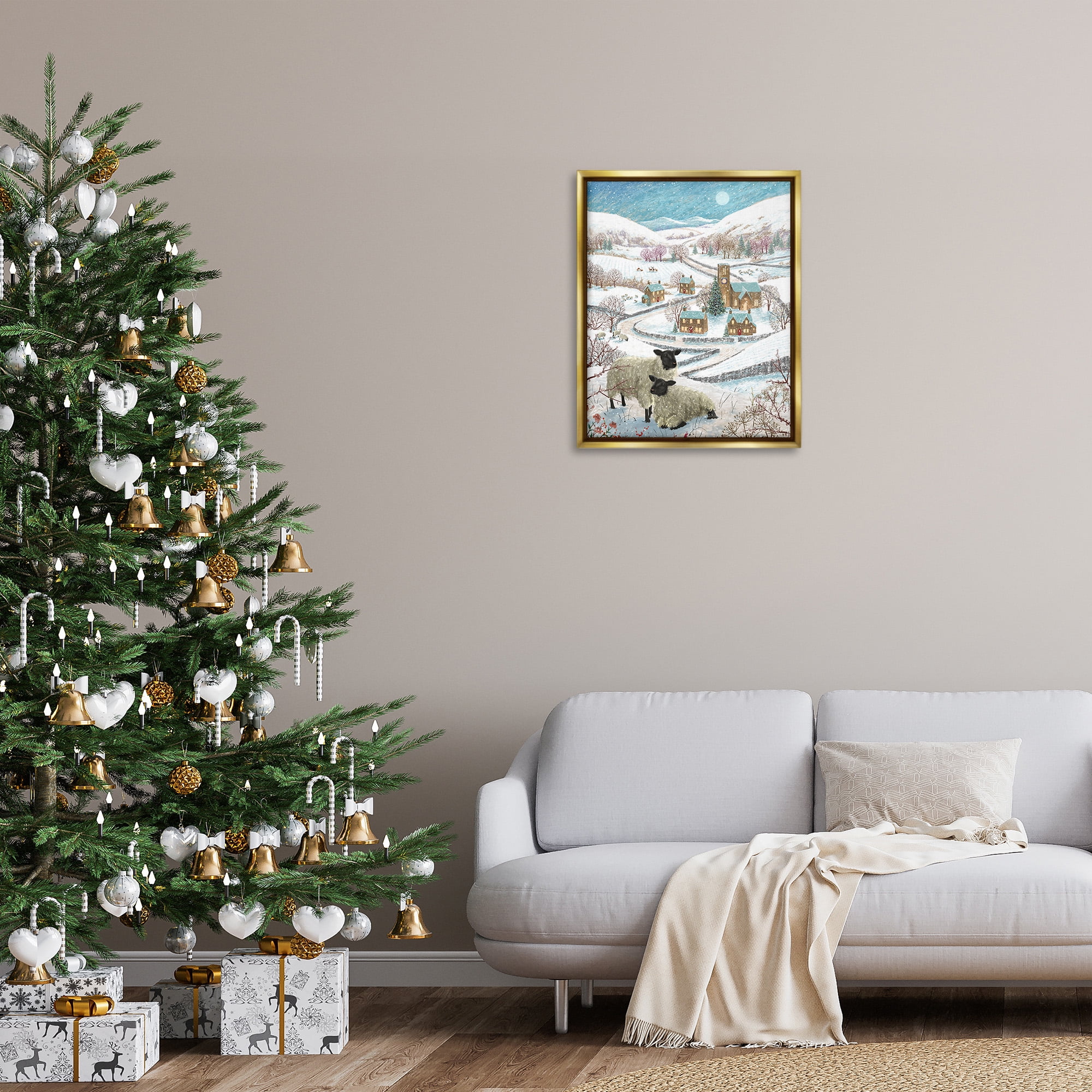 Stupell Industries Sheep on Wintery Hill Animals & Insects Painting Gold Floater Framed Canvas Art Print Wall Art, 25 x 31