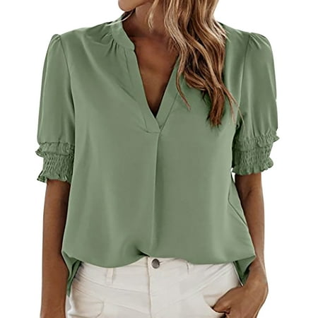 

Sngxgn Womens 2023 Summer Spring 3/4 Sleeve V Neck Casual Loose Tunic Tops BlousesPlus Size Corset Tops For Women Green Large