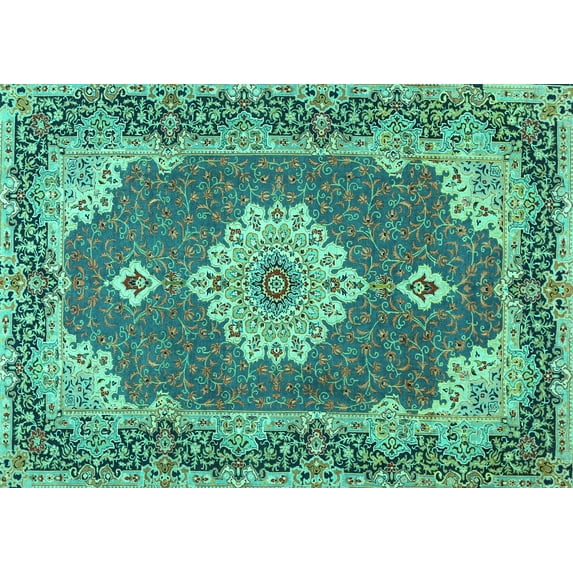 Ahgly Company Machine Washable Indoor Rectangle Medallion Turquoise Blue Traditional Area Rugs, 4' x 6'