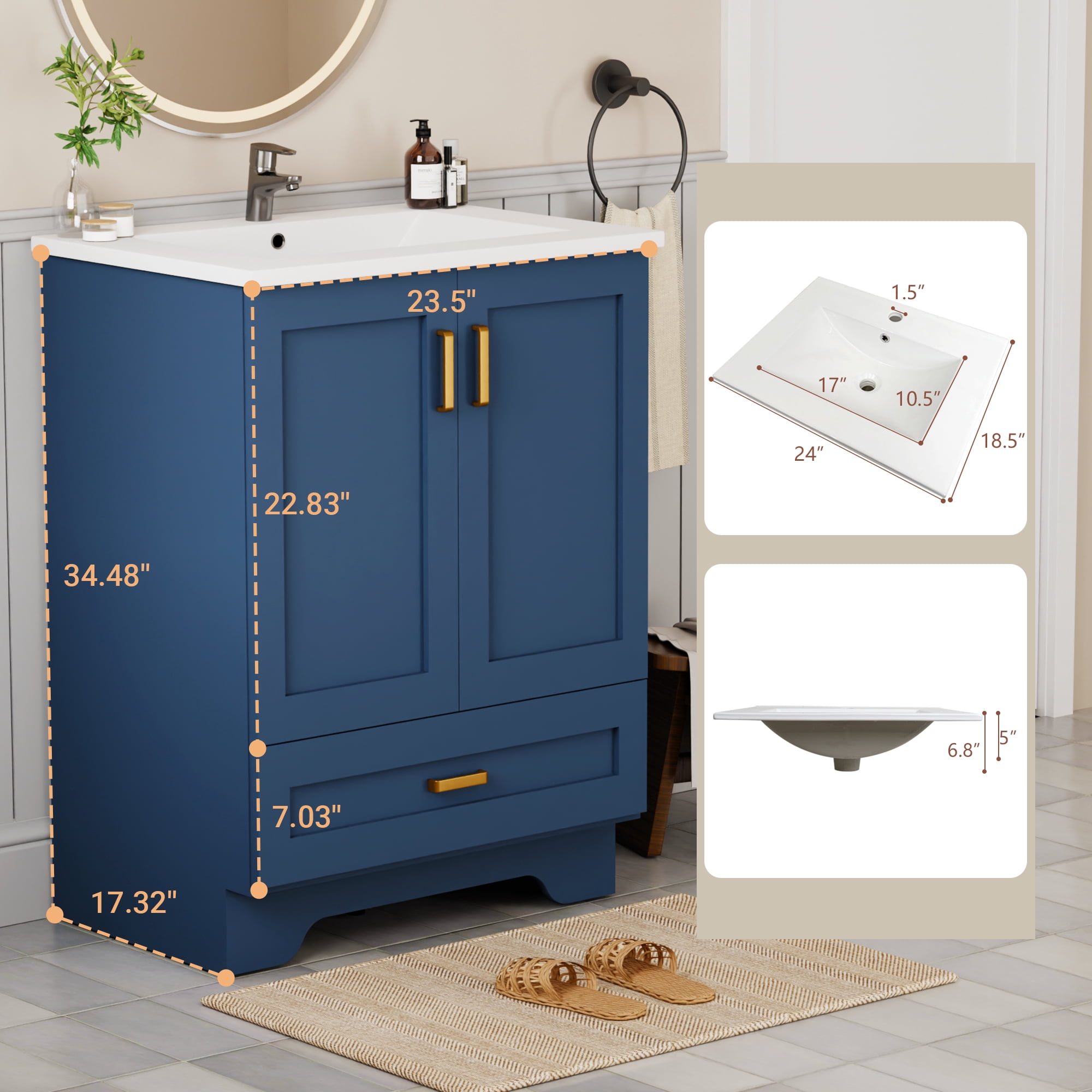 KZElegy 24" Bathroom Vanity with Ceramic Sink Freestanding Vanity Sink Cabinet with 2 Door & 1 Drawer,Blue