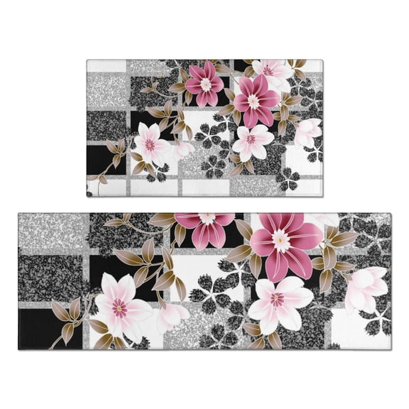 Pioneer Flower Floral Print Pattern Kitchen Rugs Sets Of 2,Anti Fatigue Kitchen Mat Rugs Non Slip Washable,Decorative Kitchen Floor Mats for Kitchen,Sink,Laundry,17"x30" 17"x47"
