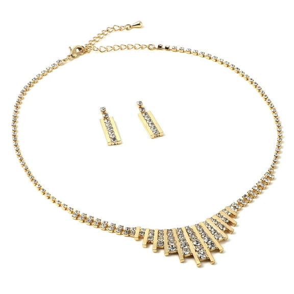 Gold Crystal Rhinestone and Gold Bar Necklace with Matching Earrings Jewelry Set