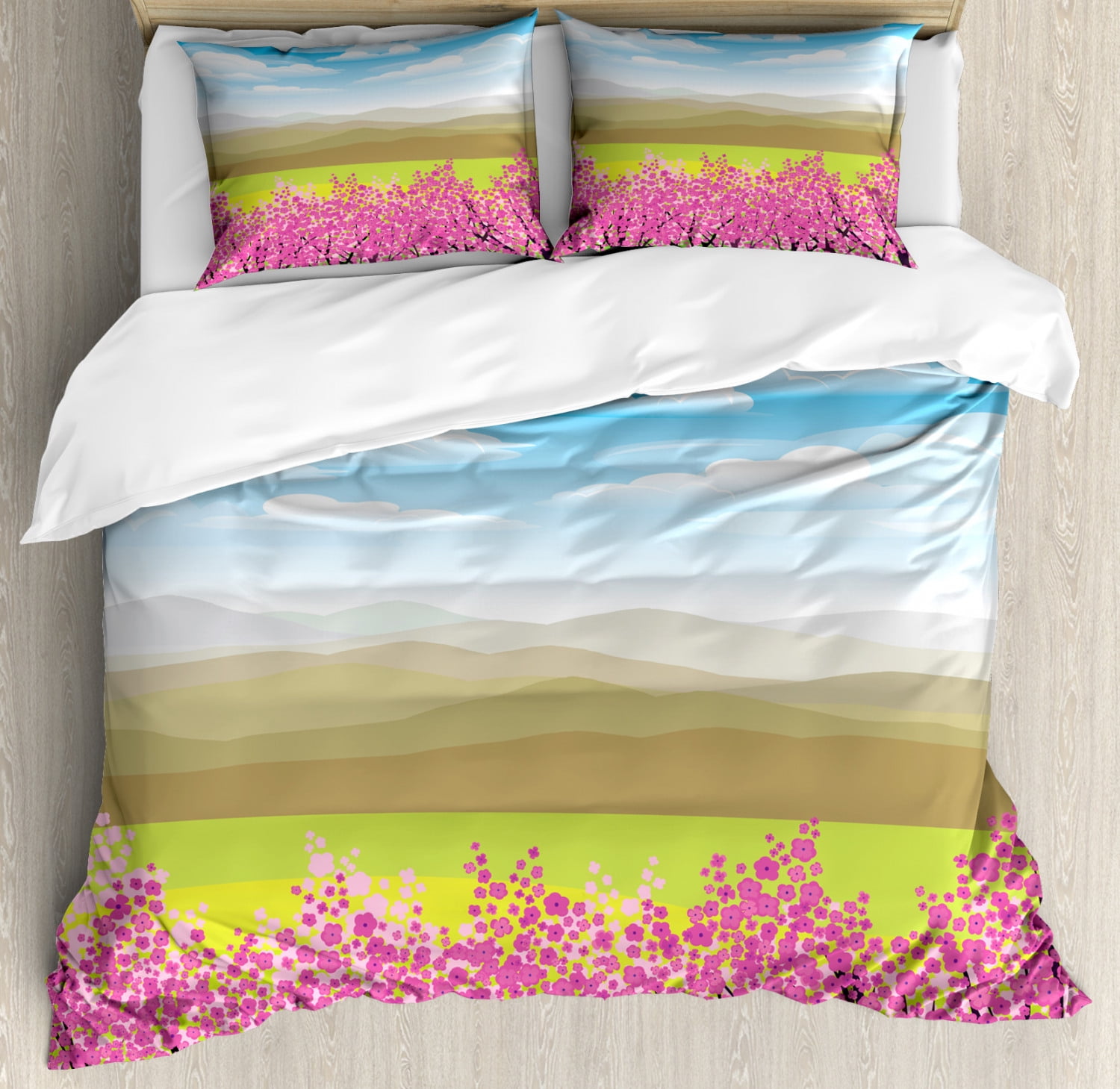Cloud King Size Duvet Cover Set Japanese Cherry Blossom Branches With Mountain Landscape Blue Sky Oriental Foliage Decorative 3 Piece Bedding Set With 2 Pillow Shams Multicolor By Ambesonne Walmart Com Walmart Com