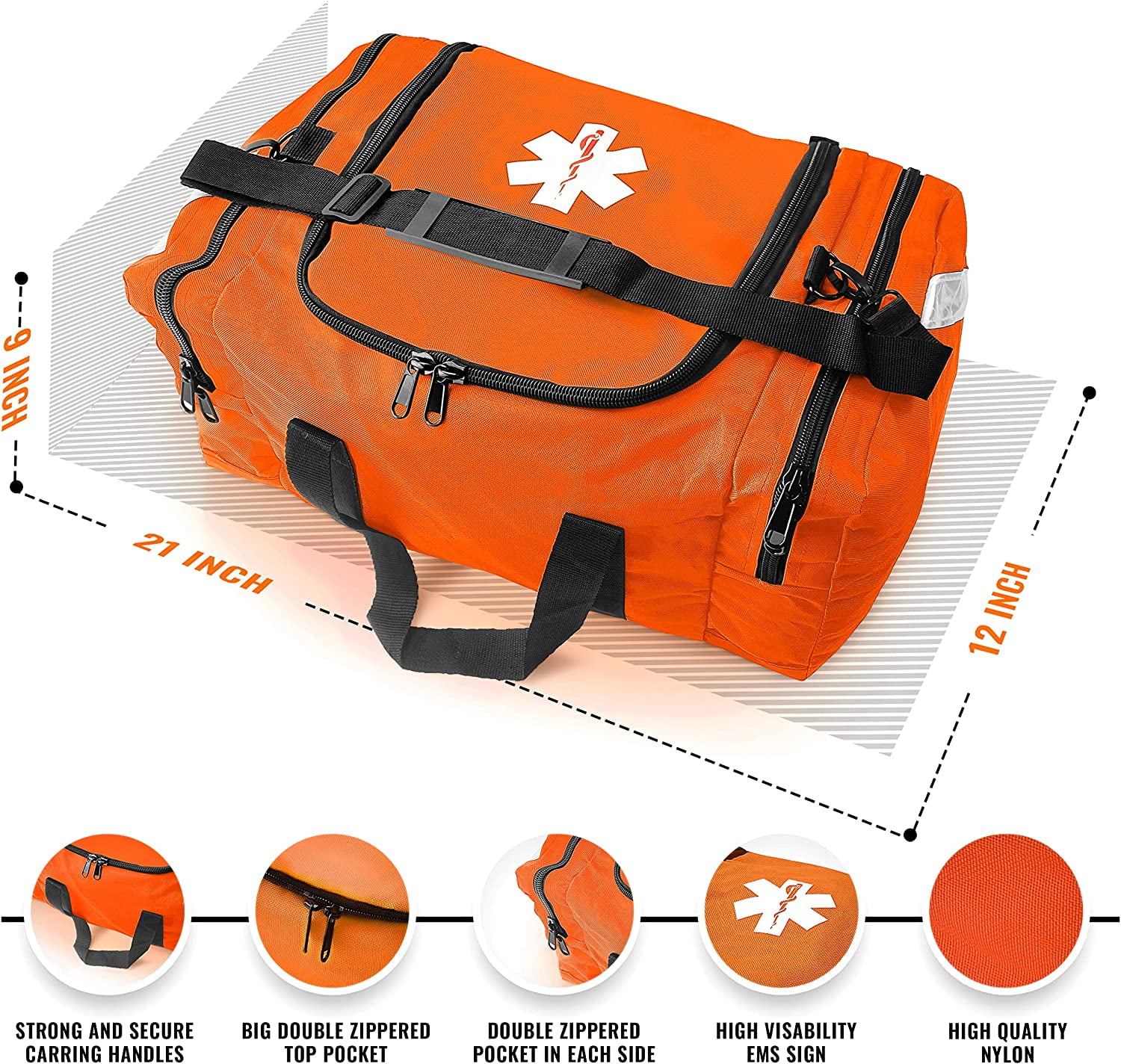 ASA Techmed First Aid Trauma Bag, Large EMT First Responder Medical Organizer for Emergency & Medical Supplies, Orange, 1 Pack