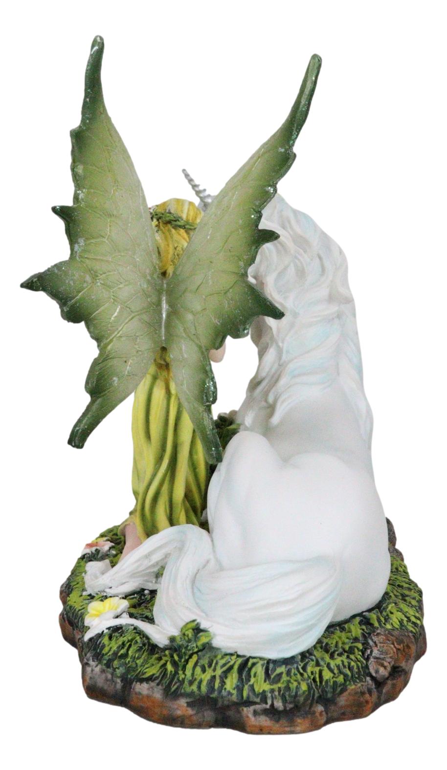 Green Earth Gaia Fairy With Rare Floral White Unicorn Statue Decor Figurine 7"L
