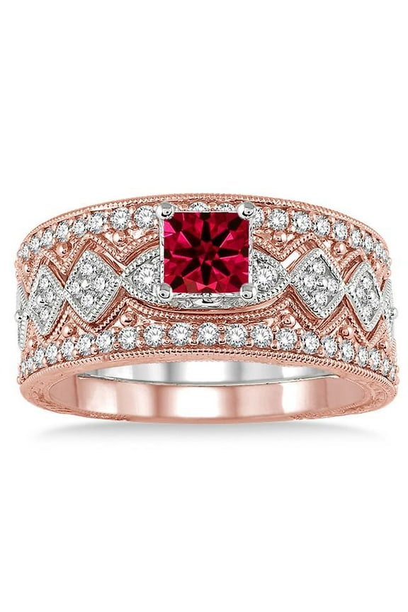 3 Carat Moissanite Diamond Princess Cut Red Ruby Antique Trio Bridal Set Engagement Ring on 10k Rose Gold